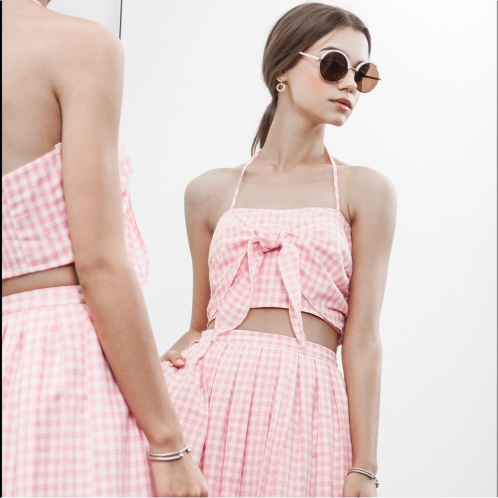 Anthropologie Pink Gingham Skirt W/ Crop Top set